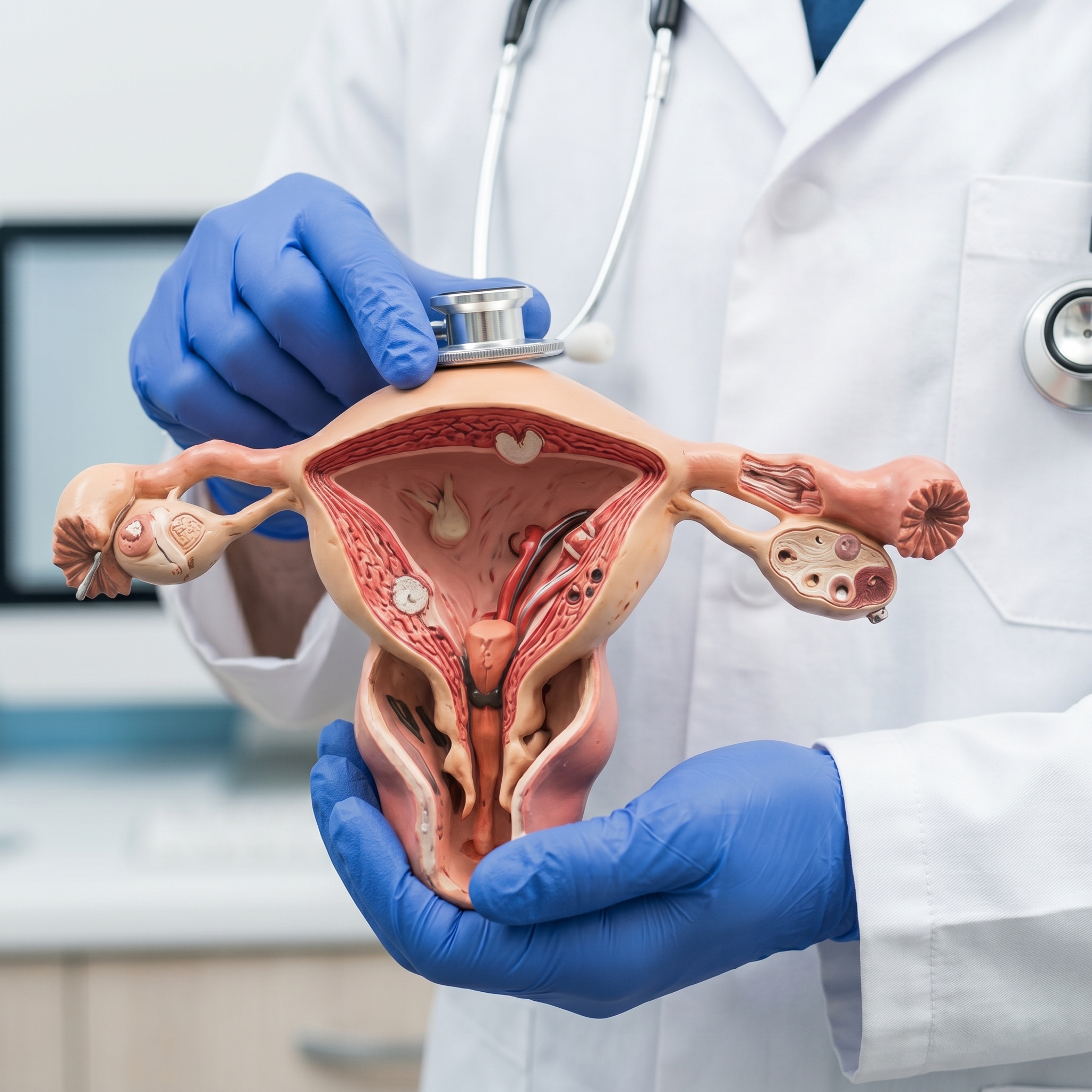Médico segurando modelo anatômico do útero